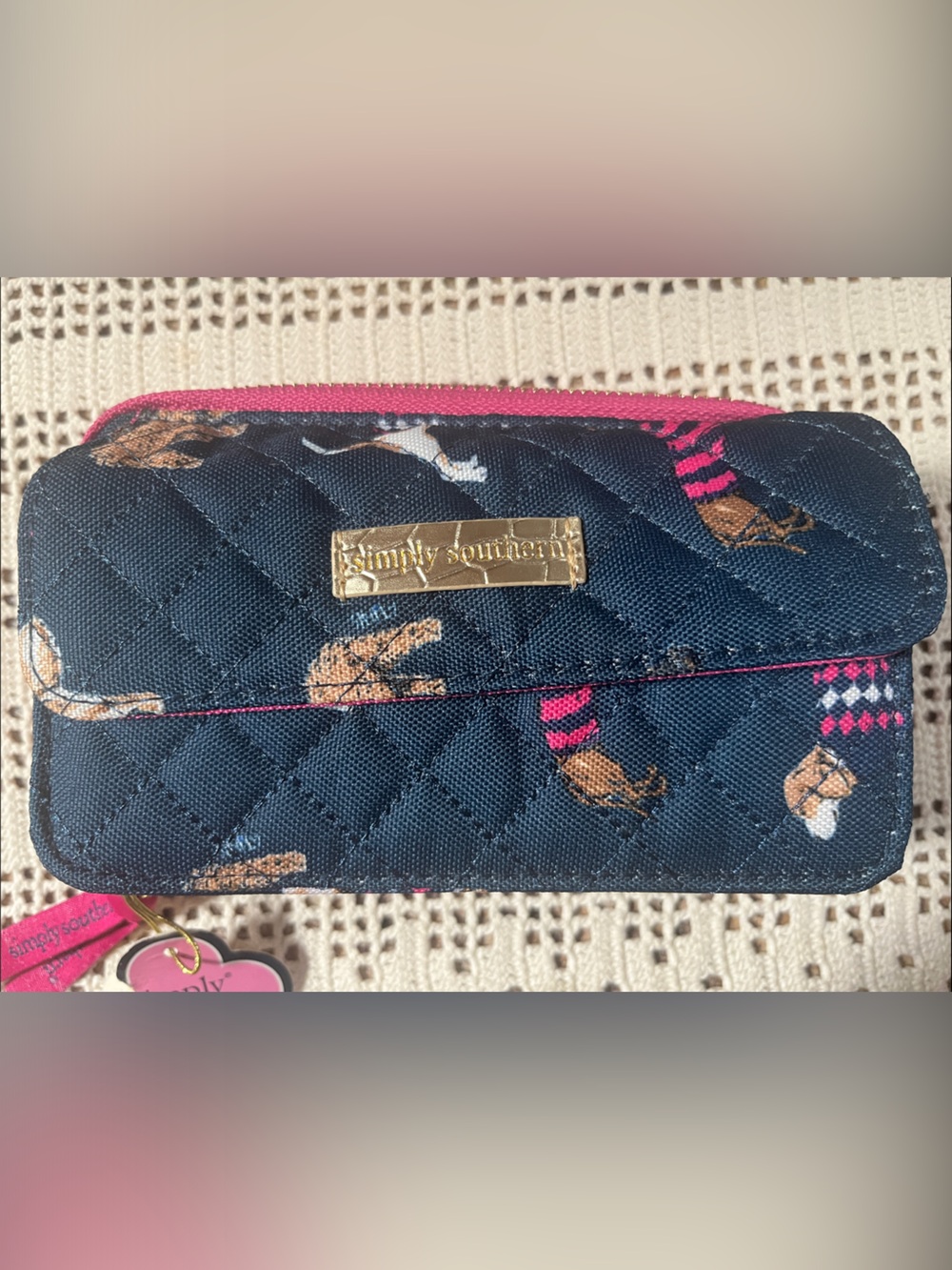 Simply Southern Quilted navy& Pink Dog-Print Women's Wallet wristlet NWT